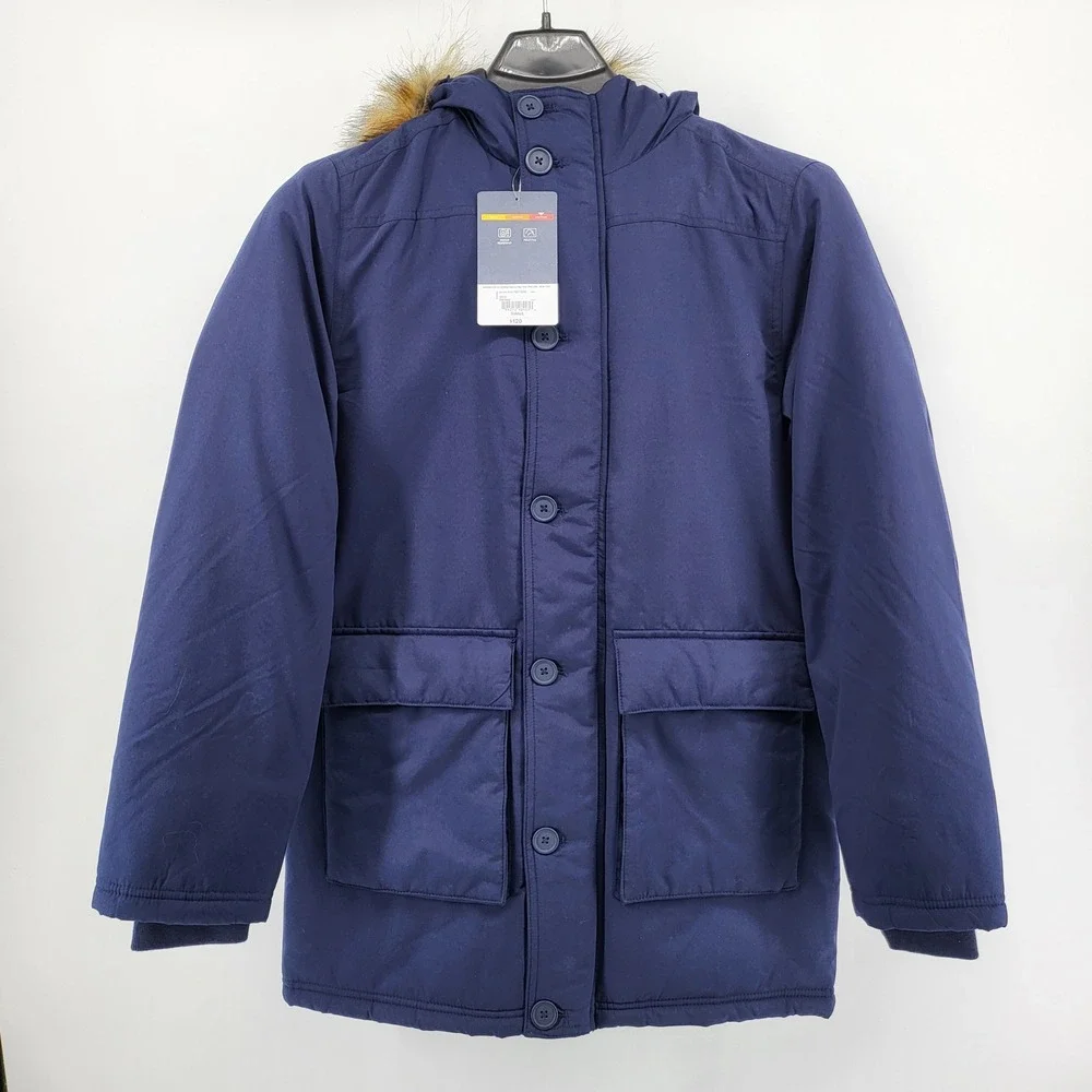 St Johns Bay Mens‎ Parka Coat Jacket Faux Fur Hood Water Resistant Navy Small